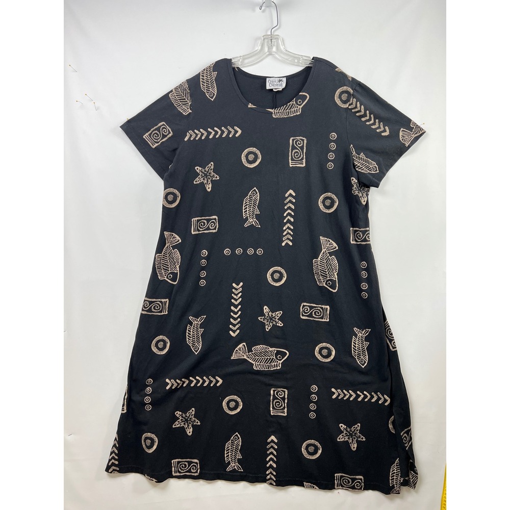 Copa Cabana T-Shirt Dress Women 2X Black Tribal Fish Starfish Print Short Sleeve